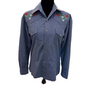 Vintage 1970s Embroidered Blue Chambray Western Shirt with Horseshoe Buttons